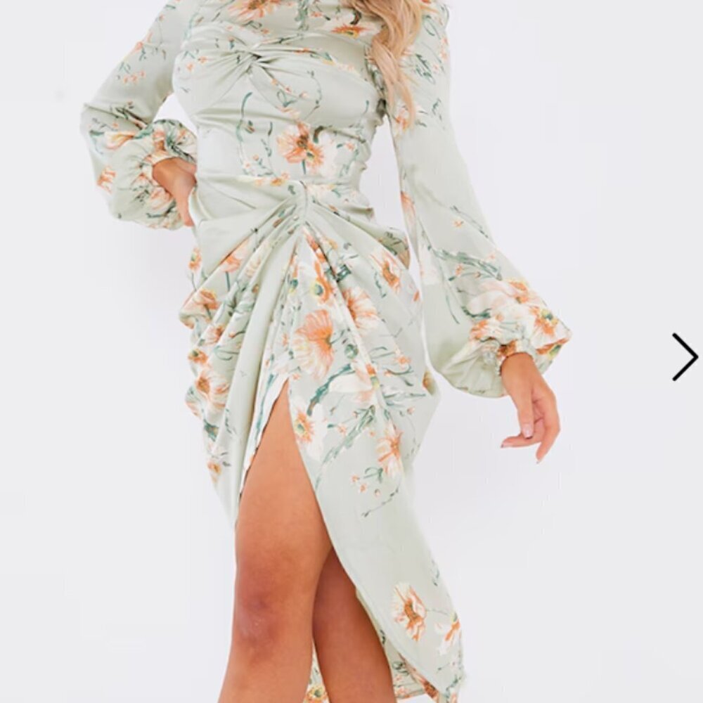 Sage Green Floral Twist Bust Draped Midi Dress Size 6 US NWT - Picture 5 of 6